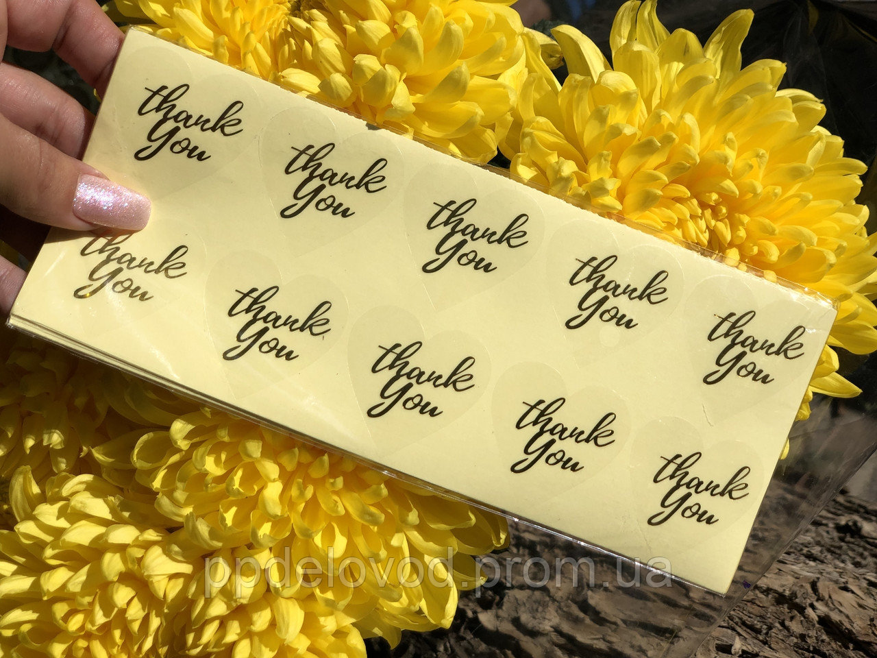 Этикетки самоклеящиеся сердечко Thank you, прозрачная с золотом 10 шт. на листе